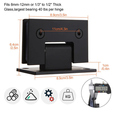 2 Pack Glass Shower Door Hinges With Mounting Hardware In Black For Three Eighths To One Half Inch Glass Stainless Steel 90 Degree Replacement Hinges With Quiet Bearings And Smooth Operation For Bathroom Shower Enclosures, close-up view showing dimensions and material icons