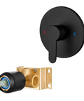 Round Single Function Shower Valve Trim Kit Wall Mount Brass Faucet Rough In Valve For Tub And Shower With Female One Half Inch NPT Threads Slick Matte Black Finish Single Handle Easy Upgrade For Modern Bathrooms showing black control handle and brass body