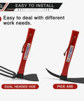 4 Piece Garden Tool Set With 10.6 Inch Wooden Handles, dual-headed hoe and pick axe, easy to install, for digging and soil loosening.