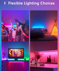 Collage showing WiFi RGB LED Strip Lights 32.8ft With HomeKit Siri Alexa Google SmartThings mood lighting in various room settings.
