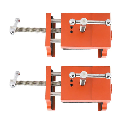 Badass Cabinet Clamps 2 Pack For Real Woodworking Projects With Flip Side Pilot Drill Guide Heavy Duty Aluminum Build 440 Pound Holding Power Fits One Point Five To Two Inch Door Stiles, showing orange clamps.