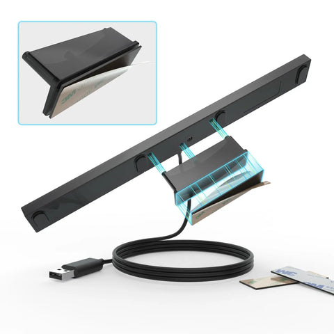Wireless Sensor Dolphinbar For PC USB Wii Remote Adapter shown with USB cable and adhesive pads for attachment.