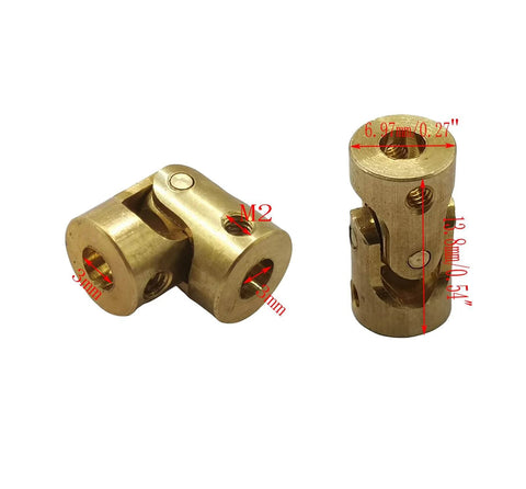 Five Pack 3mm To 3mm Brass Universal Joint Shaft Couplings with screws and wrench, hobbyist grade motor shaft coupler connector for RC boats, cars, 3D printers.