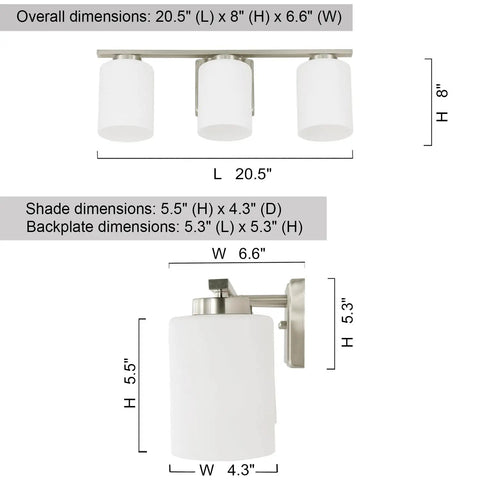 3 Light Vanity Light Fixture With Brushed Nickel Finish And White Glass Shades For Bathroom Lighting, Dope 20.5 Inch Length diagram