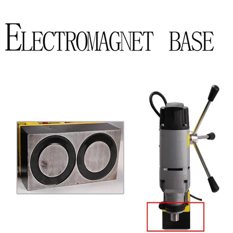Pro Level Magnetic Drill Press With 1200 Watt Motor And Kickass 12000 Newton Suction Force To Lock Onto Steel And Crush Metals Smooth As Butter On Any Job Site Or Garage Workshop Bench Today - Electromagnet base and drill components.