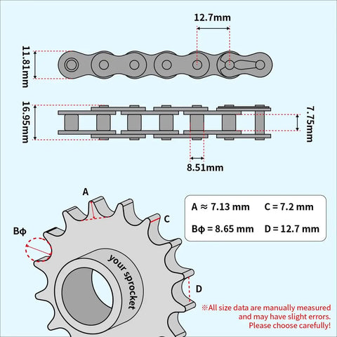 Diagram of Durable LT08B Roller Chain For Chain Driven Sliding Gate Openers Replacement And Extension with measurements