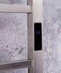 Close-up of brushed finish timer control on 6 Bar Electric Heated Towel Rack Wall Mount Plug In Towel Warmer With Brushed Finish Timer Control Fast Even Heat For Large Towels Keeps Towels Cozy For The Fam In Family Bathroom And Master Bath.