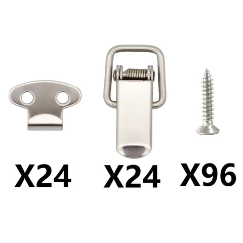 24 Pack Stainless Steel Spring Toggle Locks With Clasp Buckle Latches with screws for cabinets, boxes, suitcases, and drawers.