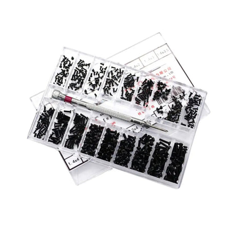Solid Miniature Screw Set With Carbon Steel Flat Countersunk Heads For Glasses And Watches Repair organized in a clear case.