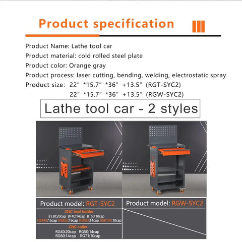 Product specification image for Removable CNC Tool Rack Cart With Dual Layer Steel Side Mount Storage, showcasing models RGT-SYC2 and RGW-SYC2.