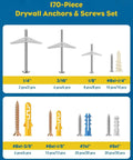 Self Drilling Drywall Anchors Kit 170 Pieces Heavy Duty Wall Anchors For Drywall And Hollow Walls Includes Toggle Bolts Carbon Steel And Plastic Anchors And Screws For Secure Hanging In Home And Office Use, displayed with size and material variety on blue background.