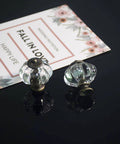 Two clear acrylic pumpkin cabinet knobs next to a floral card, decorative drawer pull handles, vintage style.