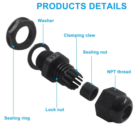 Exploded view of 20 Pack Nylon Cable Glands IP68 One Quarter Inch NPT Adjustable Pass Through Cord Grip Gland Connectors With Gaskets Black