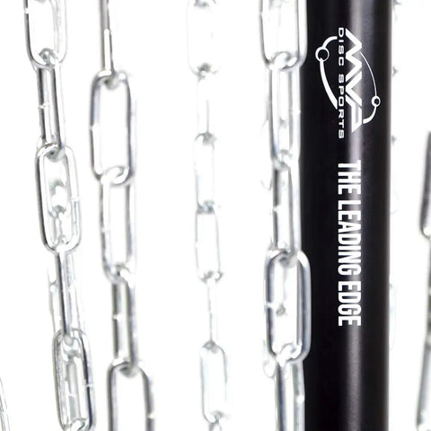 Close-up of Black Hole Lite 24-Chain Disc Golf Basket Target With Beefy All Metal Frame And Stable Base chains and metal frame details.