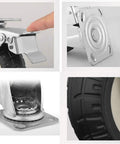 Four Pack Heavy Duty Rubber Swivel Casters With Brakes detailed view of locking mechanism, metal base, and rubber tire.