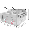 Heavy Duty Commercial Double Tank Countertop Gas Deep Fryer with baskets, measuring 60.3cm x 46cm x 33.5cm, stainless steel.