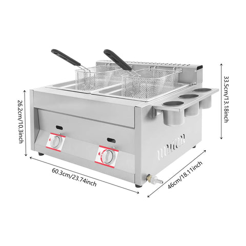 Heavy Duty Commercial Double Tank Countertop Gas Deep Fryer with baskets, measuring 60.3cm x 46cm x 33.5cm, stainless steel.