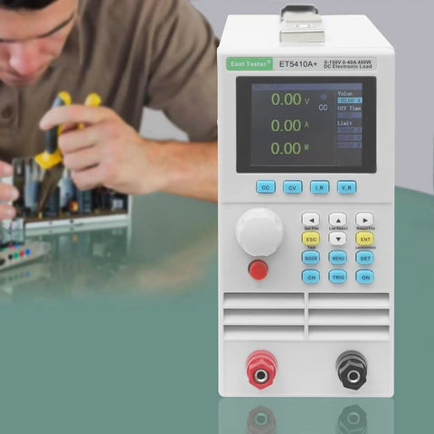 Heavy Duty Electronic Load Tester 400W 150V 40A With Digital Multimeter in lab setting, technician using testing tool