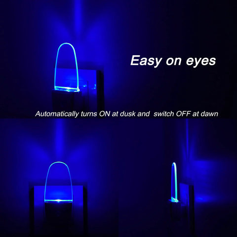 4 Pack Plug In Blue LED Night Lights With Dusk To Dawn Sensor Auto On When It Is Dark And Off At Daybreak glowing in dark room