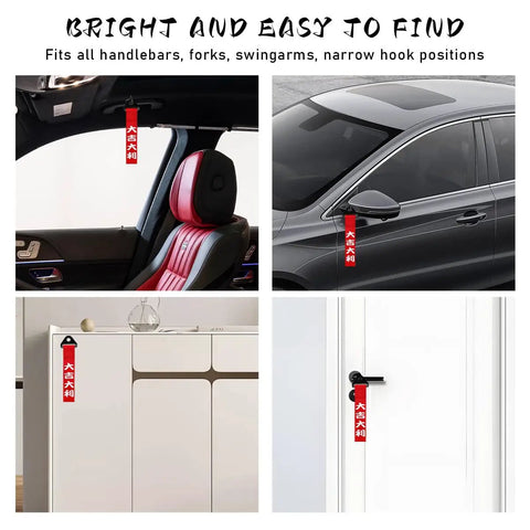 Universal Jdm Car Tow Strap And Racing Trailer Belt With Bold Slogan Graphics hanging in car and on door handles, showing versatility and visibility.
