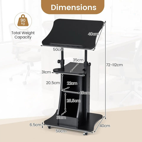 Dimensions of Slick Height Adjustable Standing Desk With Smooth Rolling Casters, Tilting Lectern Stand, 720-1120mm height.