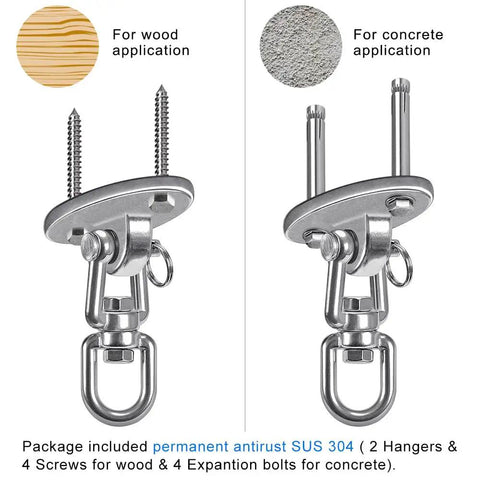 Heavy Duty Ceiling Swing Mount Set Stainless Steel Hangers with Free Swivel Hooks for wood and concrete, 2 Pack