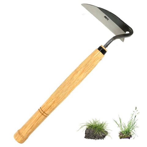 Japanese Garden Hand Hoe Sickle For Right Handed Use High Carbon Steel Blade Tough Dope Weeding Tool next to uprooted weeds