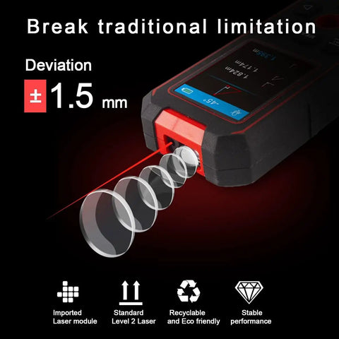 Heavy Duty Stud Finder Wall Scanner With 60 Ft Laser Measure showing laser module with 1.5 mm deviation for precise measurements.