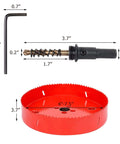 5.5-inch bi-metal hole saw with black arbor and hex key; red circular cutter for wood, plywood, plastic, thin metal.