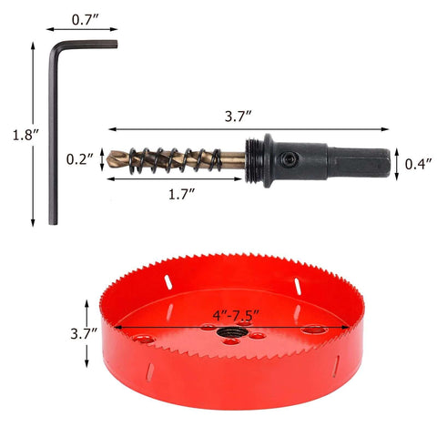 5.5-inch bi-metal hole saw with black arbor and hex key; red circular cutter for wood, plywood, plastic, thin metal.