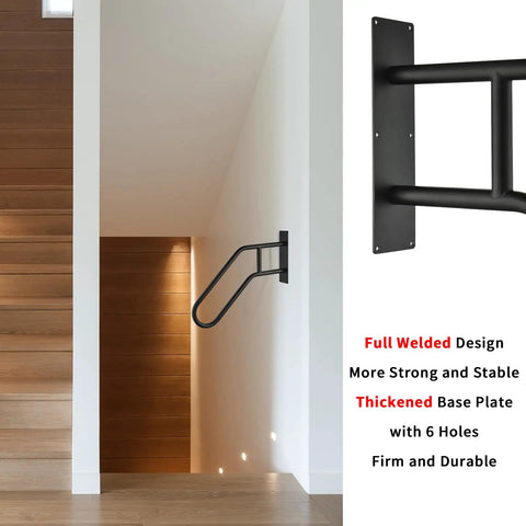 Heavy Duty Wrought Iron Handrails For Outdoor Steps And Indoor Stairs Built Like A Tank With Rustproof Frosted Black Finish Wall Mount, installed beside wooden stairs.