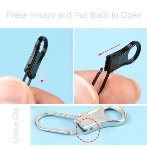 Close-up of Tiny Zipper Pulls Set For Clothes And Bags, Detachable Replacement Tabs For Small Hole Zippers, shown in operation.