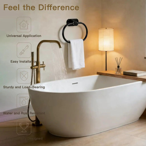 Bathroom with a white tub and a Self Adhesive Towel Ring Matte Black Stainless Steel Rustproof Wall Mounted Bathroom Towel Holder SUS 304 Durable.