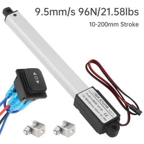 12 Volt Mini Linear Actuator With Rocker Switch Rock Solid For Heavy Duty Push Pull Projects Featuring Smooth Glide Mechanics and wiring, 10-200mm stroke.