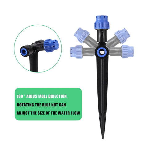 Adjustable 360 Degree Drip Irrigation Emitters For One Quarter Inch Tubing Push To Fit Garden Watering System shown with blue knobs