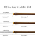 Heavy Hitter M2 HSS Bowl Gouge 3 Pack Side Grind Wood Lathe Turning Chisels with various sizes and wooden handles.