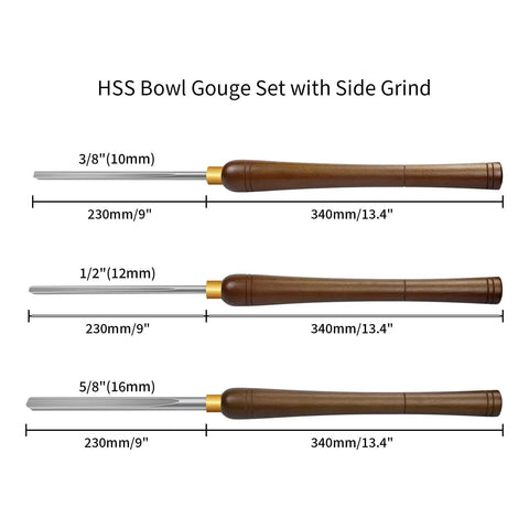 Heavy Hitter M2 HSS Bowl Gouge 3 Pack Side Grind Wood Lathe Turning Chisels with various sizes and wooden handles.