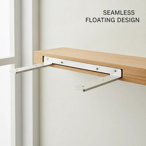 Hidden Stainless Steel Floating Shelf Bracket for Wall Mount Desks and Shelves Heavy Duty One Piece Invisible Support Hardware visible.