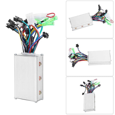 36V Brushless Motor Controller Using Sine Wave Technology And Clear LED Display For Electric Bikes Ebikes And Fat Tire Scooters, silver aluminum housing with wires.