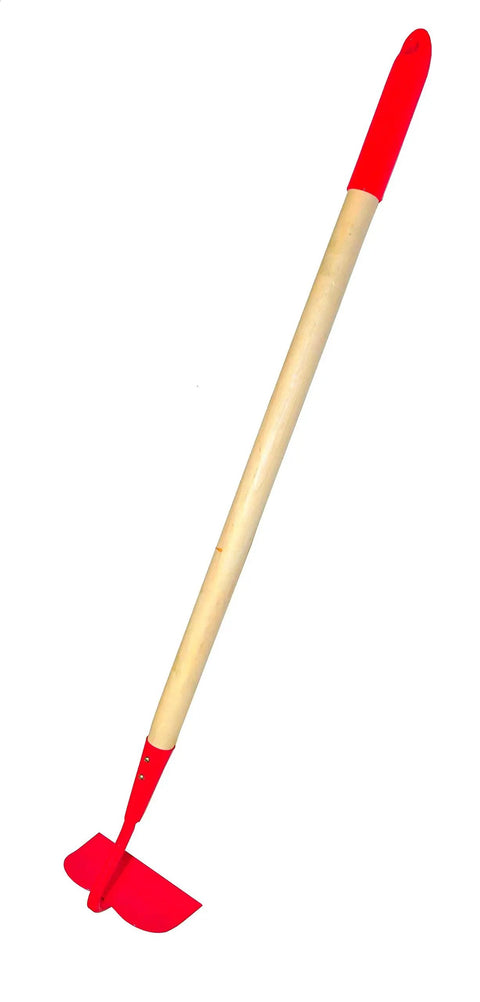 Kids Garden Tool Set 4 Piece Rake Spade Hoe And Leaf Rake With Real Wood Handles And Steel Heads, 27.5 Inch Long, red hoe.