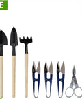 8 Piece Bonsai Tool Set With Pruners, Folding Scissors, Mini Rake, Tweezers And Spades shown with size measurements