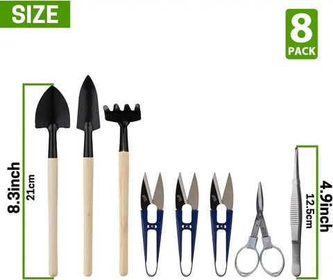 8 Piece Bonsai Tool Set With Pruners, Folding Scissors, Mini Rake, Tweezers And Spades shown with size measurements