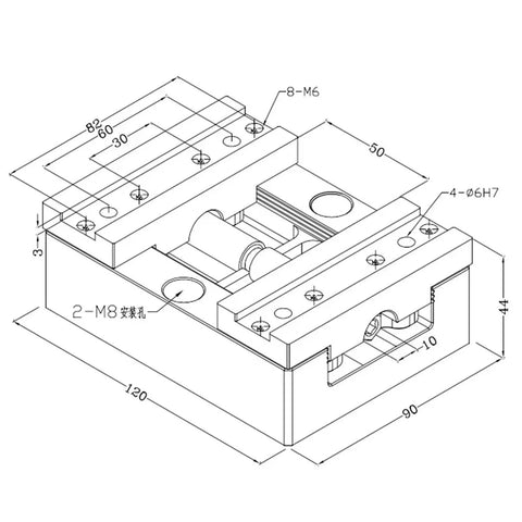 H90 Style Four Axis Five Axis Universal Cnc Clamp Self Centering Precision Bench Vise schematic with detailed dimensions.