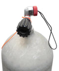 Aviation Aluminum Plug Protector Cap For Scuba Tanks DIN Tank Valve Cover attached to a scuba tank, showing 6061 aluminum material. 