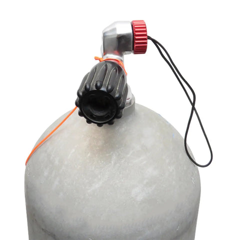 Aviation Aluminum Plug Protector Cap For Scuba Tanks DIN Tank Valve Cover attached to a scuba tank, showing 6061 aluminum material. 