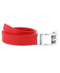 Genuine Leather Ratchet Dress Belt With Automatic Sliding Buckle Minimalist Style 1.3 Inch Wide Adjustable Trim To Fit 28 To 44 Inch Waists No Fuss Easy On Off Red rolled view