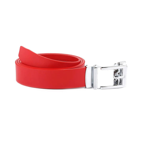 Genuine Leather Ratchet Dress Belt With Automatic Sliding Buckle Minimalist Style 1.3 Inch Wide Adjustable Trim To Fit 28 To 44 Inch Waists No Fuss Easy On Off Red rolled view