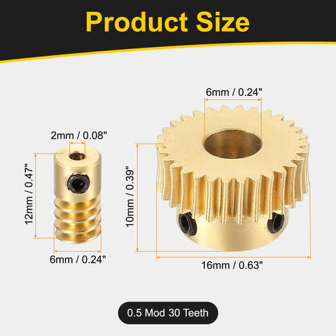Beefed Up Worm Gear Set With 30 Tooth Brass Gear And Brass Worm 0.5 Module, dimensions labeled, for small transmission part.