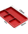 Universal Aluminum RC Screw Tray With Magnetic Compartments And Four Easy Grab Slots shown in red with dimensions 89x128x9 mm