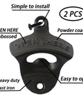 Heavy Duty Cast Iron Wall Mounted Bottle Opener For Draft Beer And Soda In Matte Black Finish Built Like A Tank Perfect Mounting Bracket For Your Garage Bar Or Home Stash Smooth Two Pack, embossed detail.